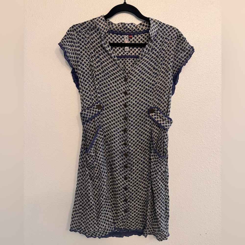 Women’s Blue Boho Button Front Dress Short Sleeve Pockets Vintage Style Medium